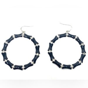 Cloisonné Hoop Earrings Black/Silver, Fish Hook Backs, 2.25”